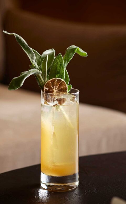 a tall glass filled with a drink sitting on top of a table